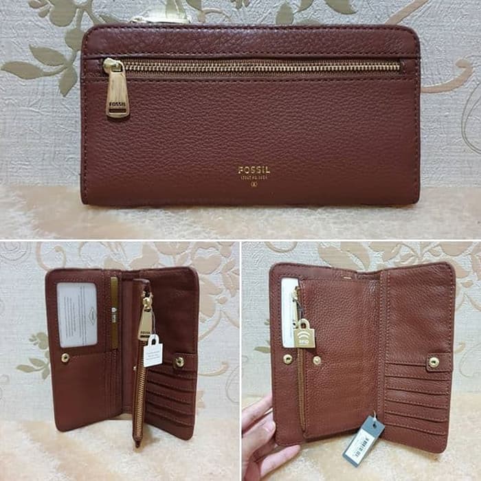 dompet Fossil Preston clutch long wallet brown leather origina