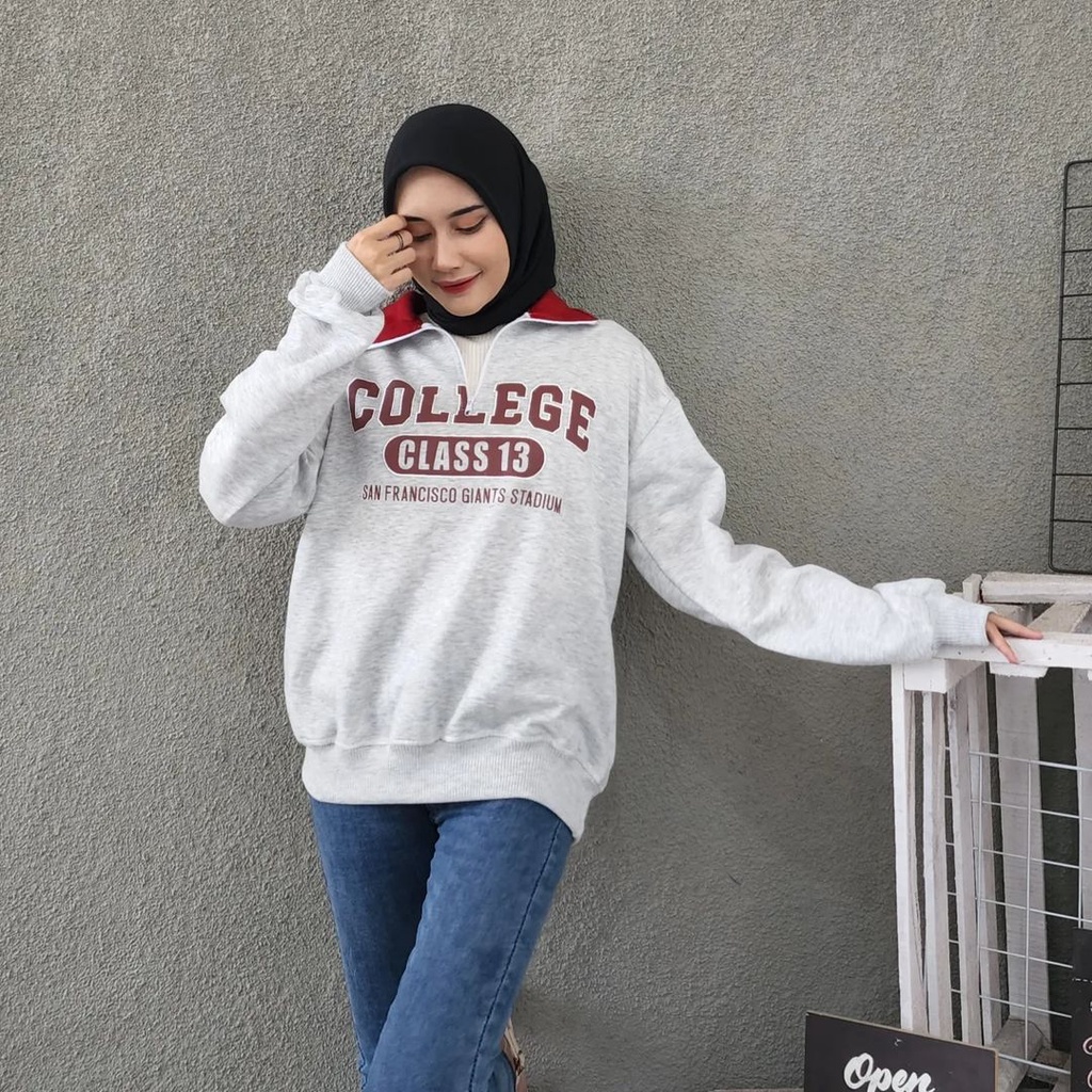 COLLEGE 13  Sweater Crewneck Berkerah Oversize-Outerwear Pria Wanita Terbaru Fashion Terkini Korean Style