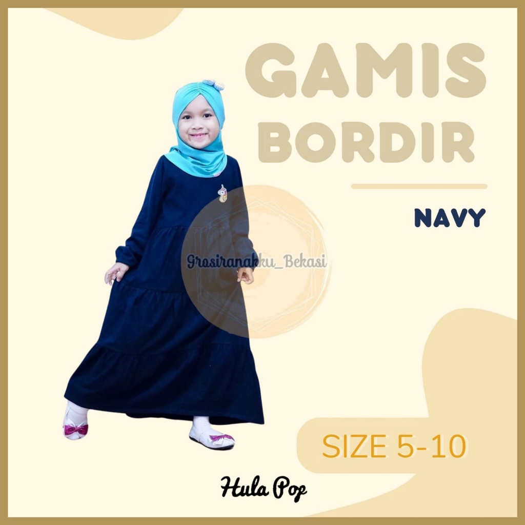 Gamis Kaos Anak Aplikasi Bordir Warna Navy Size 5-10Tahun