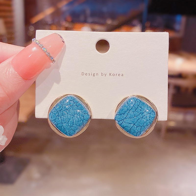 Anting Stud 925 Silver Needle Bentuk Kubus Kecil Warna Biru Gaya Klasik