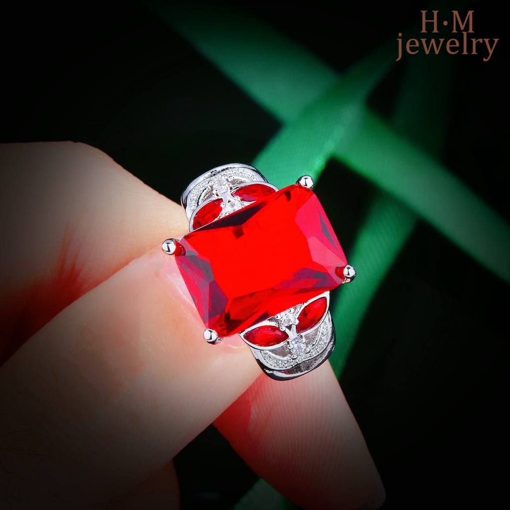 Cincin Berlian Ruby Merah Bentuk Kotak