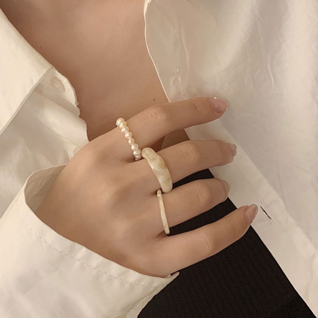 Hu Hu Hu Hu Hu Alat Bantu Pasang Kacamata♡ 3pcs / Set Cincin Jari Transparan Aksen Mutiara Imitasi Gaya Simple Untuk Wanita