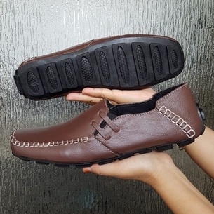 ENOZ X ZOVI - Spatu Slop Kulit Pria Rajut Coklat Kulit Asli COklat I Slip On Cowo Nyaman Ringan Kuat Sepatu Kerja Murah Keren Trendy Gaya