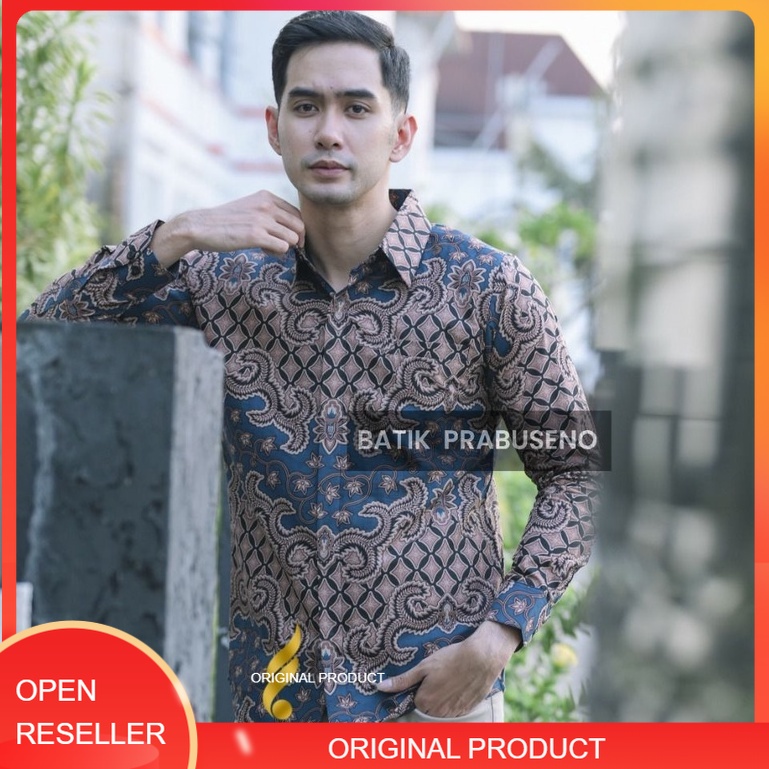 Batik Pria Prabuseno Original Motif PRAYOGA BIRU Kemeja Batik Pria Lengan Panjang Slim Fit Hem Batik