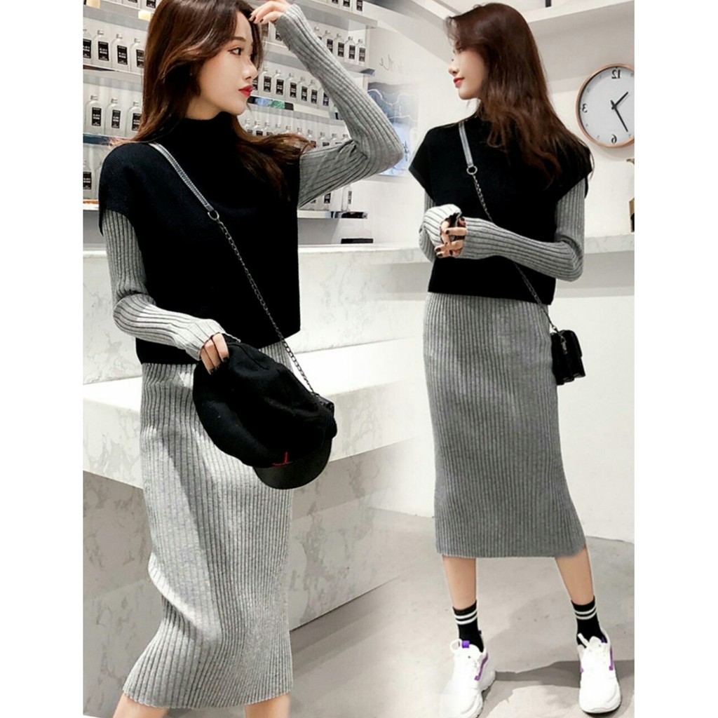 Dress Eeficaa + Cardi - Dress Rajut Wanita Terbaru - Dress Lengan Panjang