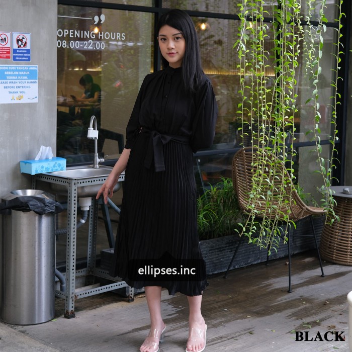 Dress Plisket Korea / Nami Pleated Dress - ELLIPSES.INC - Hitam(M5N0) ADA UKURAN SIZE L,XL,XXL Gamis