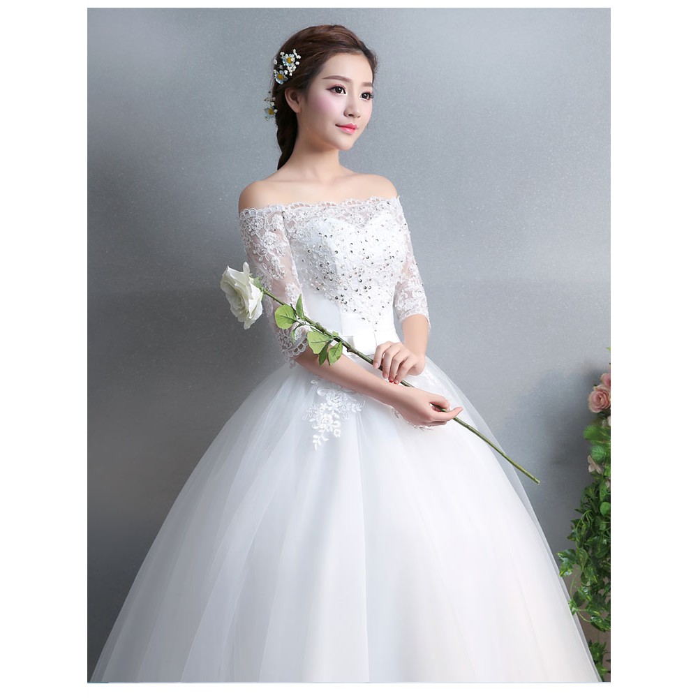 White Off Shoulder Lace Beaded Maxi Women Bridal Wedding Dress Ball Gown