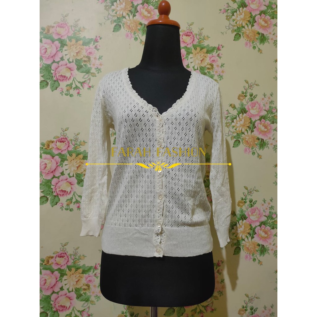 OUTER CARDIGAN RAJUT JARING IMPORT BRANDED BROKEN WHITE KREM PUTING TULANG