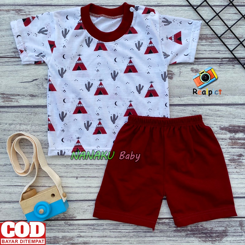 Setelan Baju Bayi Setelan Piyama Bayi Lengan Pendek Kancing Bahu Motif Piramid Usia 3-12 Bulan Ana BAby