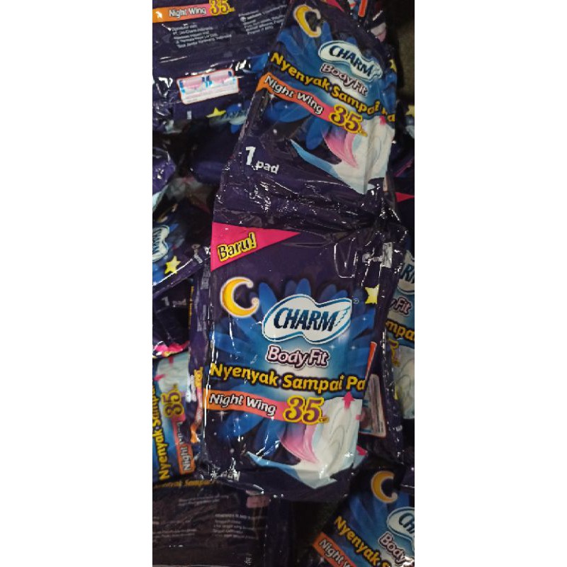 Charm body fit night 35cm sachet, pembalut wanita murah