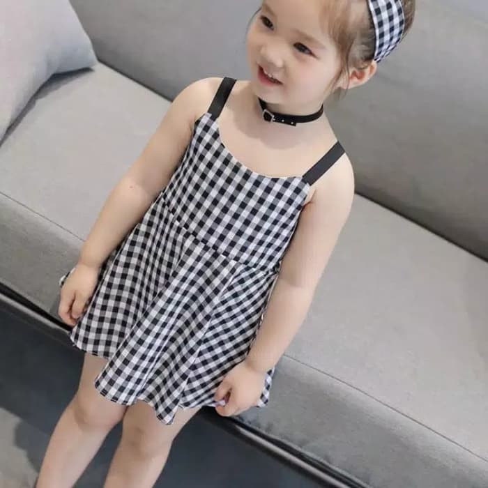 TBI Fashion Import Gaun Princess Anak Kotak-kotak Model Princess Baju Cute - 5-6 tahun, Hitam Putih