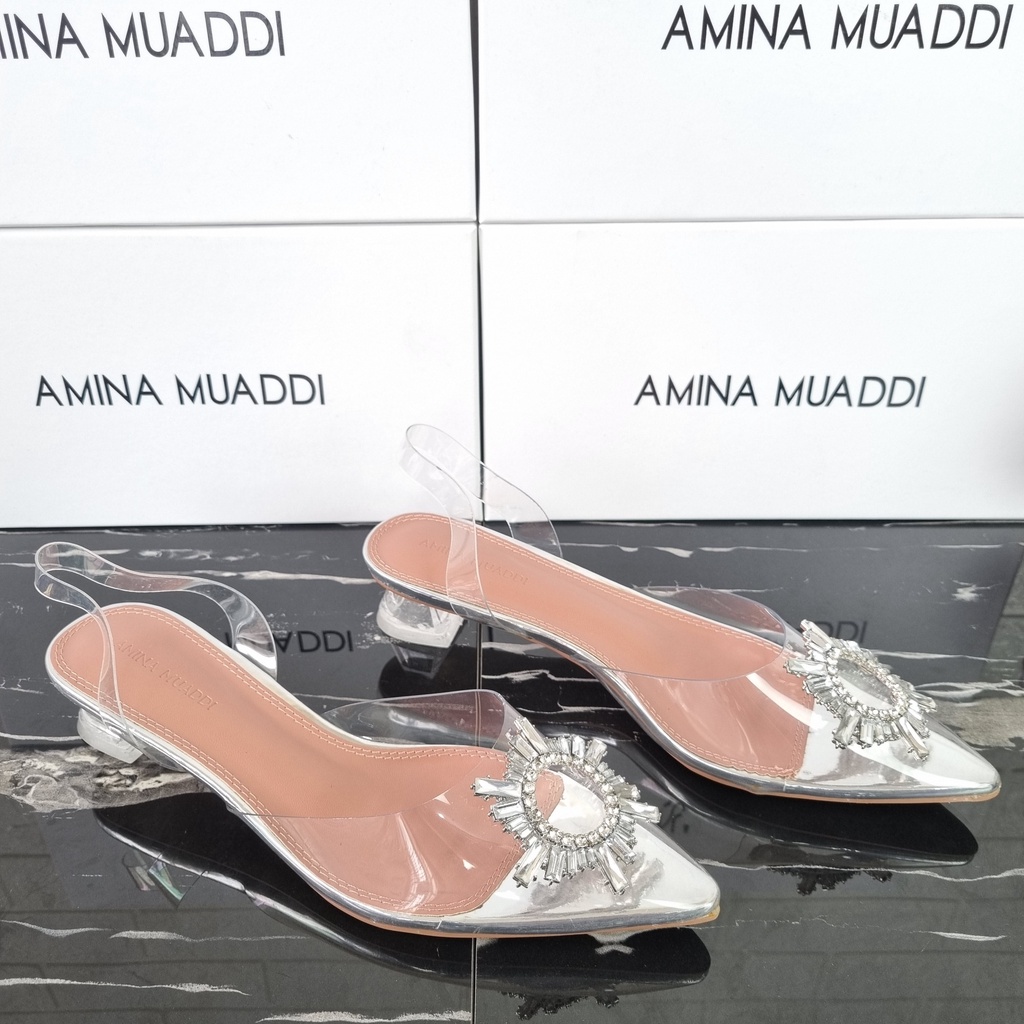 SEPATU AMINA MUADDI BEGUM CRYSTAL GLASS SLING HEELS TRANSPARENT PVS - SAM001