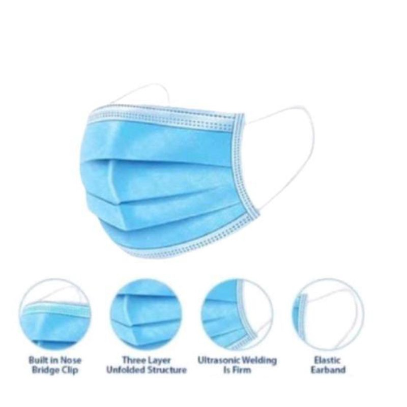 Masker Disposable 3Ply Earloop1box isi 50pcs Warna BIRU setara dengan masker MEDIS