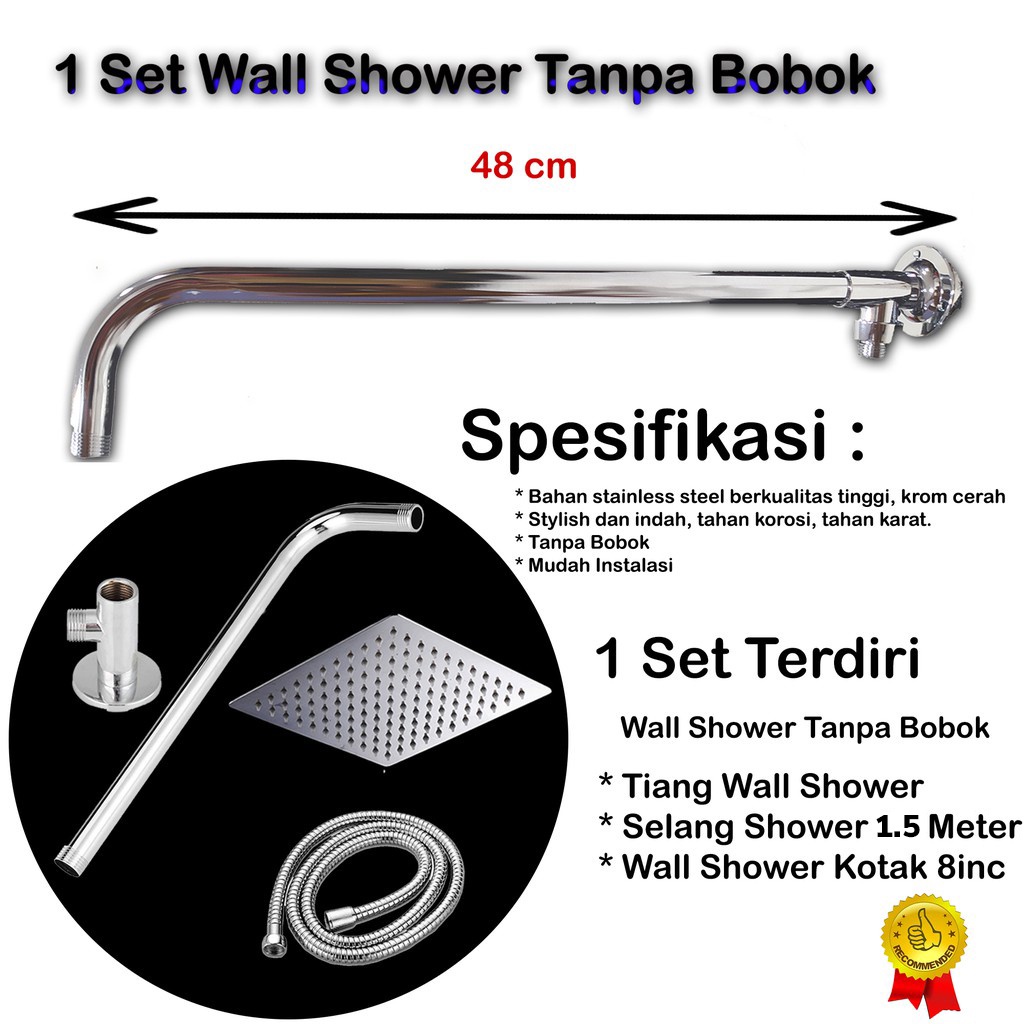 1 Set Wall Shower 8 inc Tanpa Bobok Include Selang 150cm stenlies instalasi luar/head shower minimalis/arm shower rain