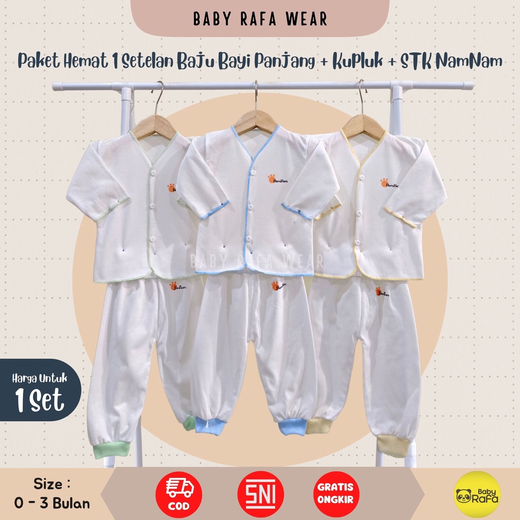 Paket Hemat 1 Setelan Baju Bayi Panjang 1 Topi Kupluk 1 Set Sarung Tangan dan Kaki Bayi merk NamNam