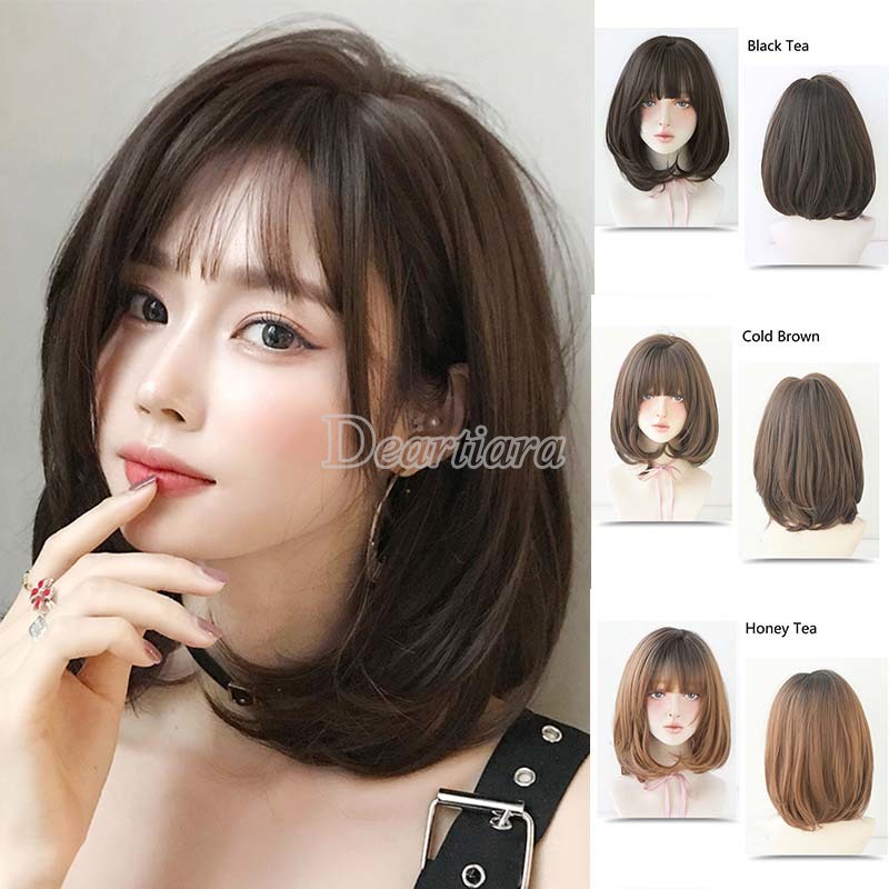 Wig / Rambut Palsu Sintetis Panjang Sebahu Warna Hitam / Coklat Dengan Poni Untuk Wanita