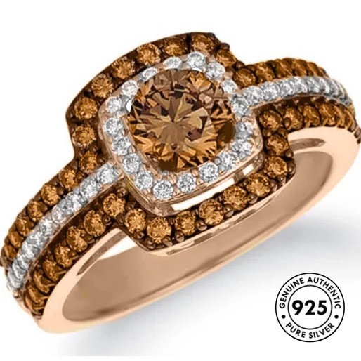 Cincin Lapis Sterling Silver 925 Warna Rose Gold Dengan Berlian Champagne Elegan Untuk Wanita