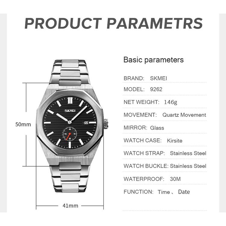 SKMEI 9262 Jam Tangan Pria Analog Chronograph Tali Stainless Steel WATCHKITE WKOS