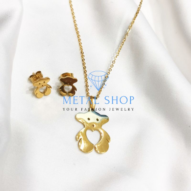 Kalung set liontin anting titanium terlaris model Teddy Bear love