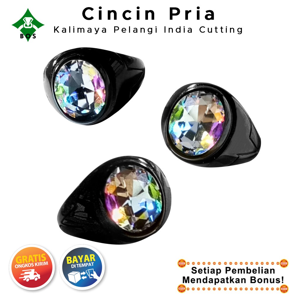 [Bayar Di Tempat] BOS Cincin Pria Batu Akik Titanium Kalimaya Pelangi India Cutting Hitam Mewah