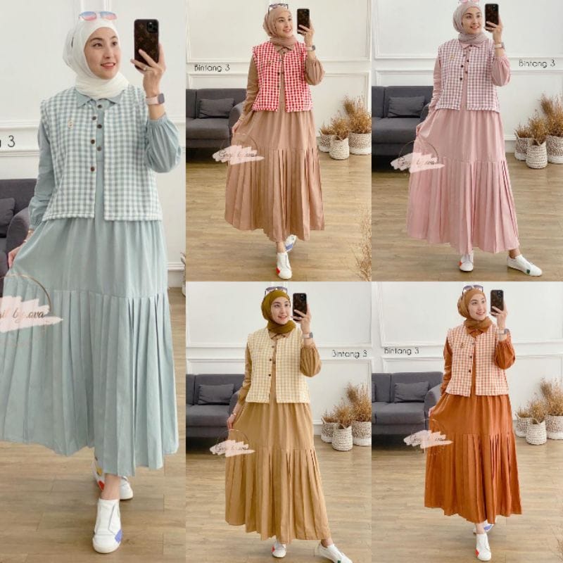 Setelan Wanita Kekinian Rania Bintang 3 Midi Dress Jumbo Korean Style One Set Wanita Fashion Muslim Gamis Remaja