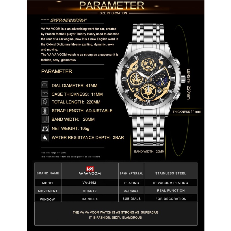 VaVa Voom 2452 Jam Tangan Pria Luxury Stainless Steel Cowok Original Quartz Original Tahan Air Watch + Kotak Gratis