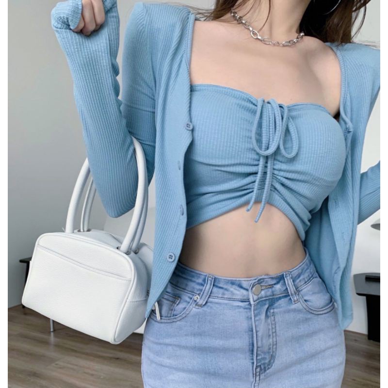 BEFAST - ZEC OOTD Wanita Setelan AGHA / Set Vika / Setelan Baju Daleman Luaran / Set Ke Pantai / Set Daleman Bra+Cardigan Lengan Panjang / Set Kasual / Set Kekinan Remaja / Set Style Korean / Set Terbaru / OOTD Remaja Hits