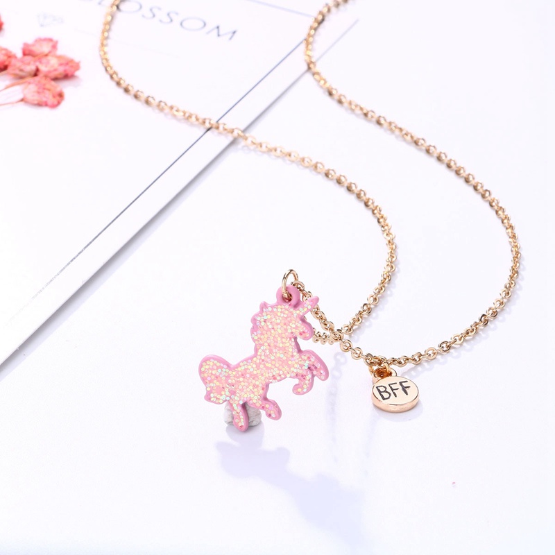 2pcs / Set Kalung Rantai Dengan Liontin Unicorn Hati Warna-Warni Untuk Hadiah Persahabatan