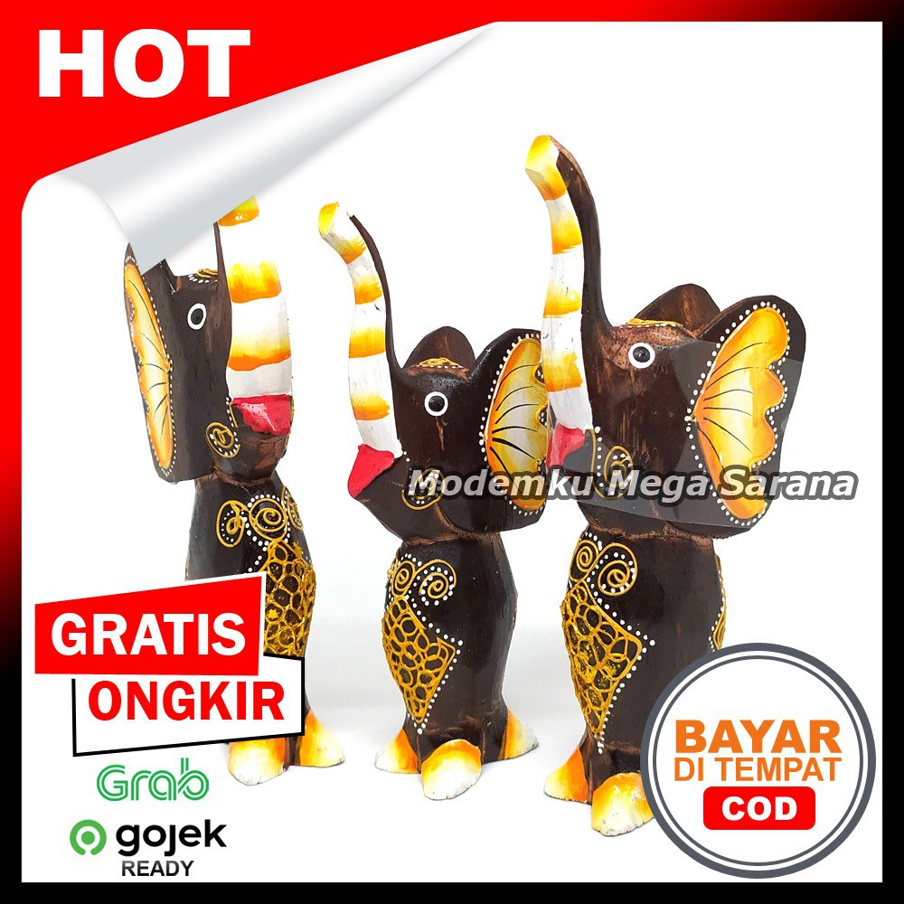 Pajangan Patung Gajah Kayu Painting  - isi 3pcs