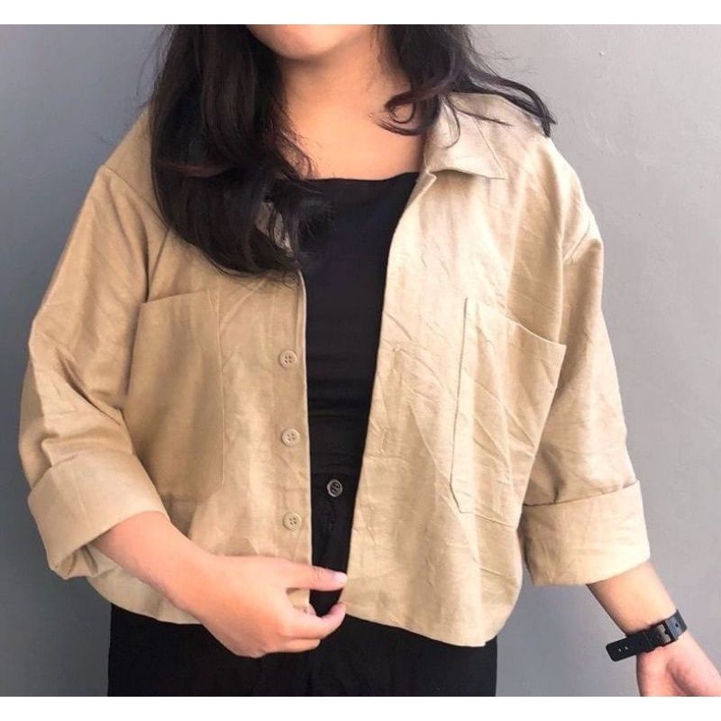 Kemeja Wanita Lengan Panjang Crop top Kemeja  Oversize Shirt Polos Rami Linen Crop top-2