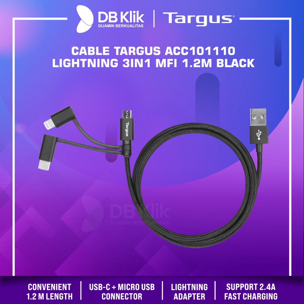 Kabel Data Targus ACC101110 USB A to MicroUsb USB-C Lightning MFI 1.2M