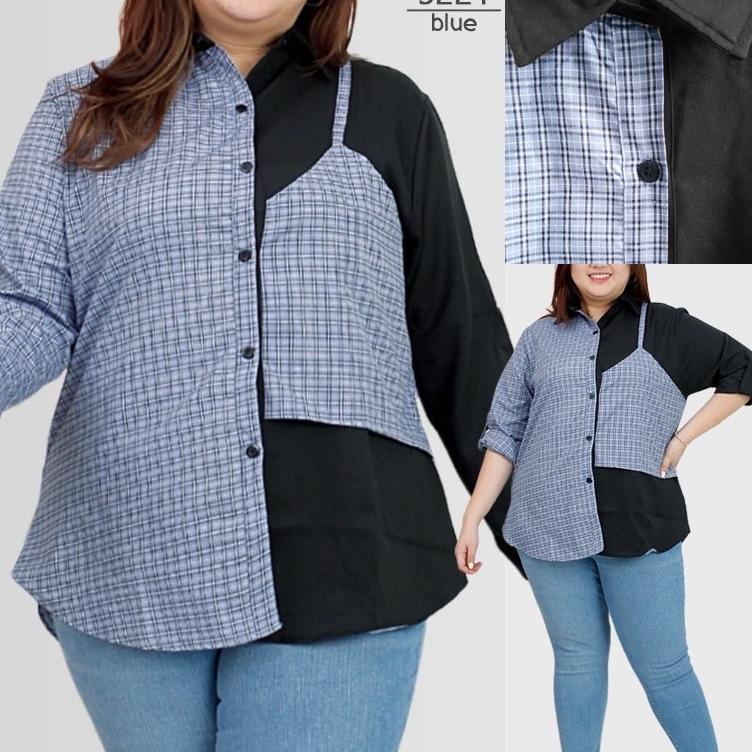 LANGSUNG ATC.. BAJU ATASAN KEMEJA WANITA JUMBO BIGSIZE KOREAN STYLE 5221 XXL XXXL LD 120cm BAJU HAMI