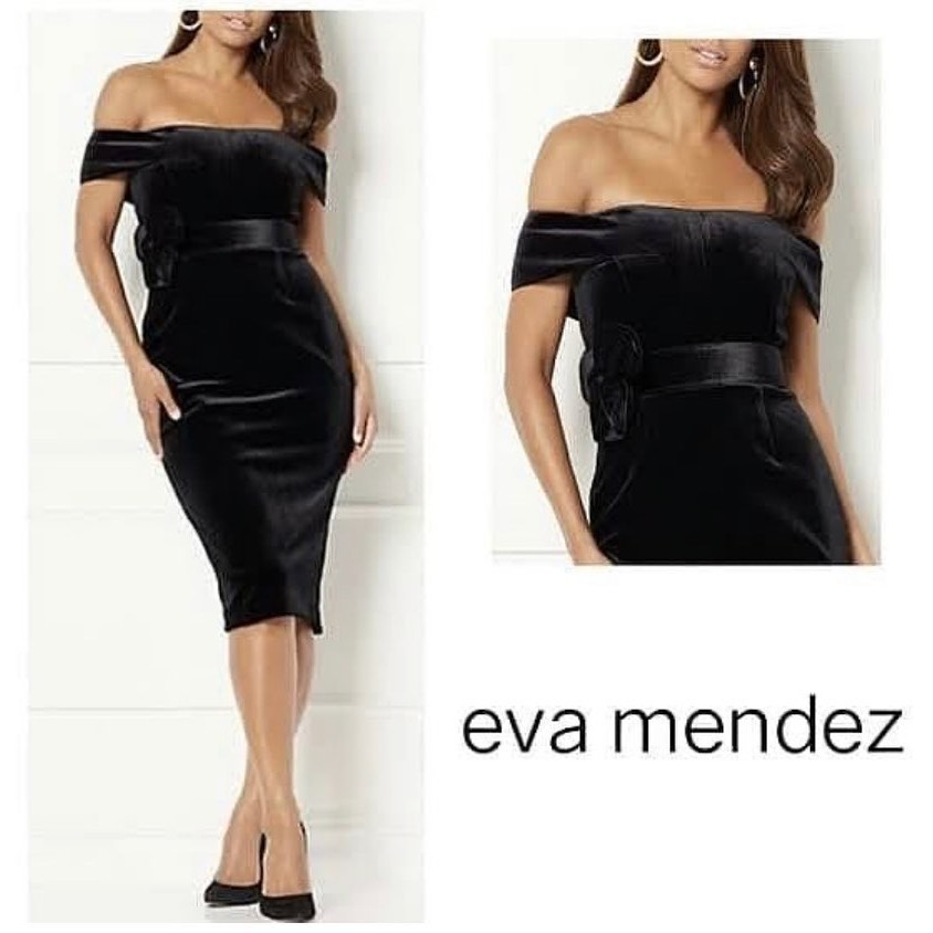 Eva Mendes Black Velvet Offshoulder Dress
