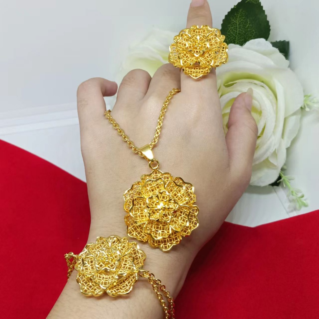 satu set gelang+kalung liontin+cincin kendari gold 24K hadiah bunga perhiasan dubai xuping