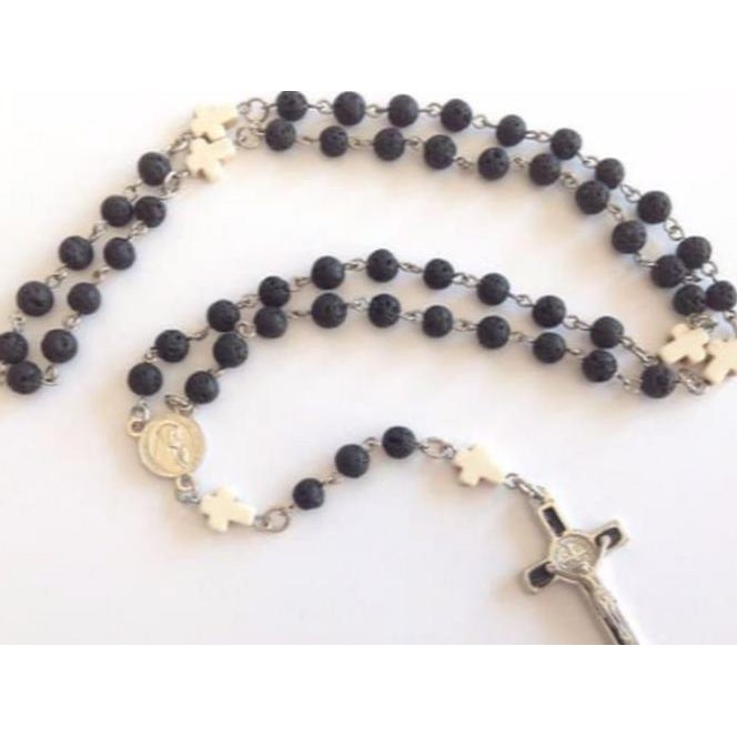 8UN6 KALUNG ROSARIO BATU LAVA ESSENTIAL OIL 6MM SALIB PUTIH WHITE MARBLE HMN4