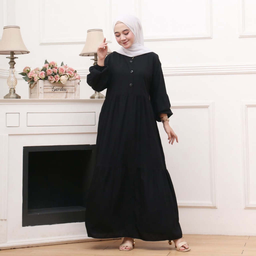 GAMIS RAYON MAXI MODEL LENGAN BALON | GAMIS CANDA MAXI | GAMIS RAYON POLOS SUSUN BUSUI FRIENDLY 3 KANCING DEPAN ATAS