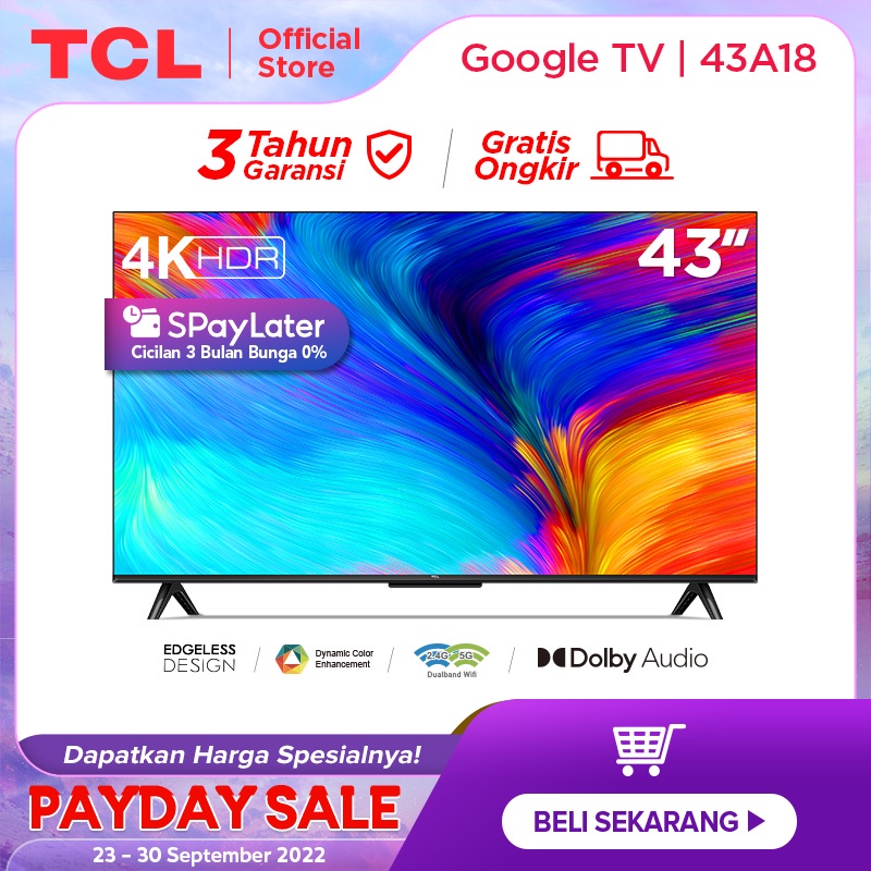 TCL 43A18 - 43 inch Google TV - 4K UHD - Dolby Audio - Google Assistant - Netflix/Youtube - 43A18