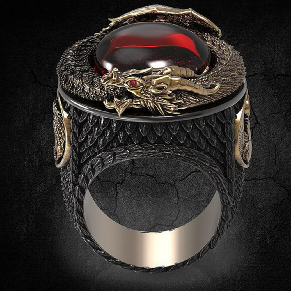 Cincin Pria Naga Phoenix Baja Titanium Hitam Emas Rubi Kristal Merah Anggur Fashion Perhiasan Punk Hewan Men Rings