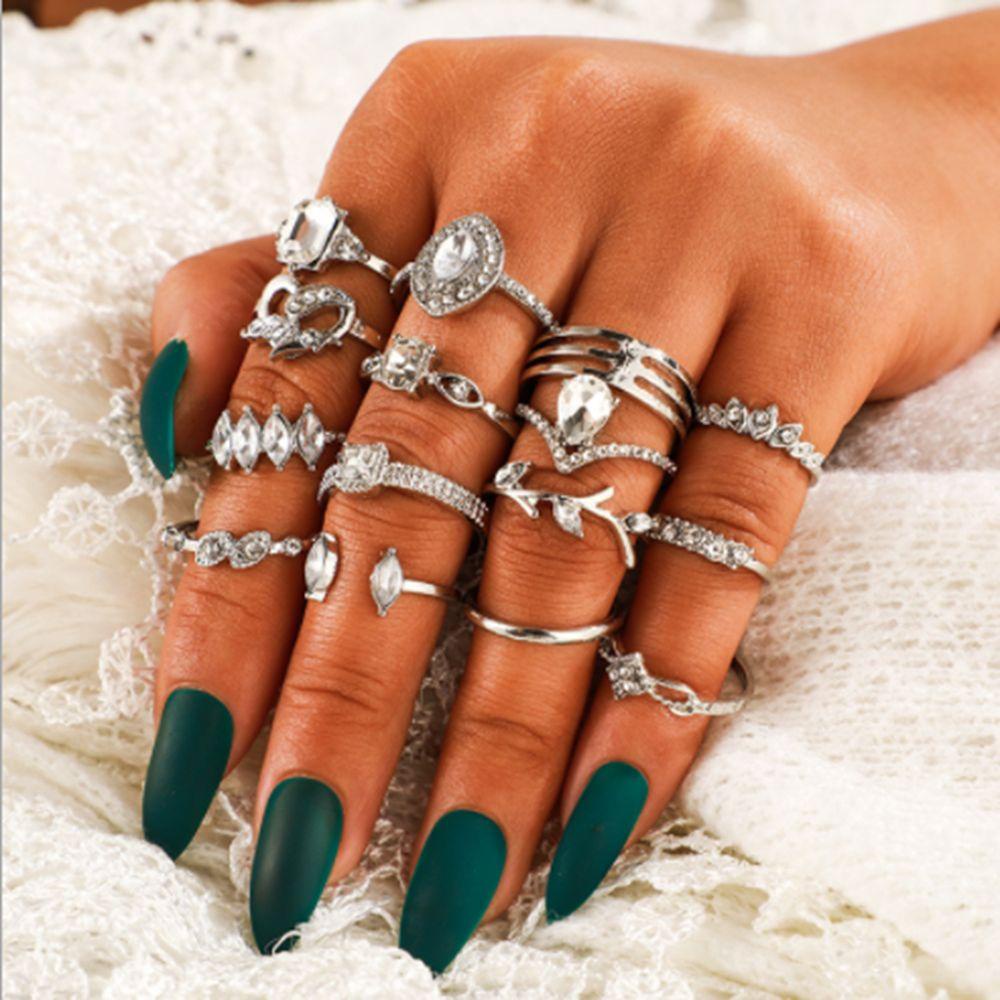 Lily 15PCS Cincin Set Wanita Warna Silver Statement Elegan Hati Berongga