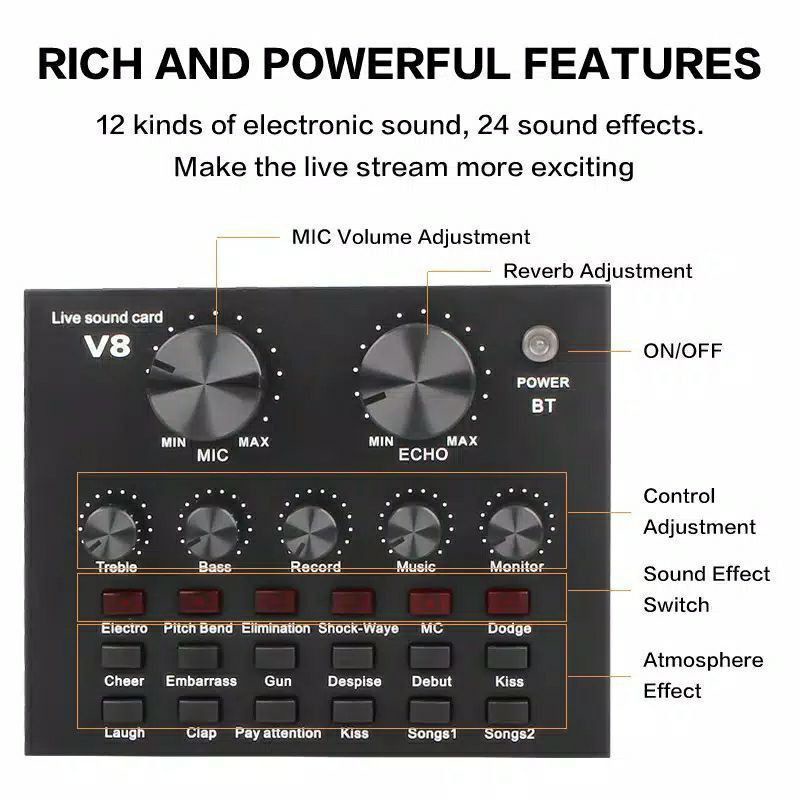 Sound Card V8 Live Broadcast Mixer Bluetooth Audio USB External / Mixer Audio Bluetooth (sudah di cek terlebih dahulu sebelum dikirim)