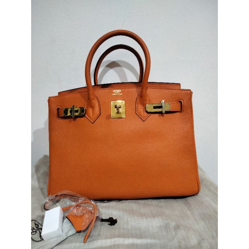 Hermes orange bag real leather grade ori, Barang Mewah, Tas