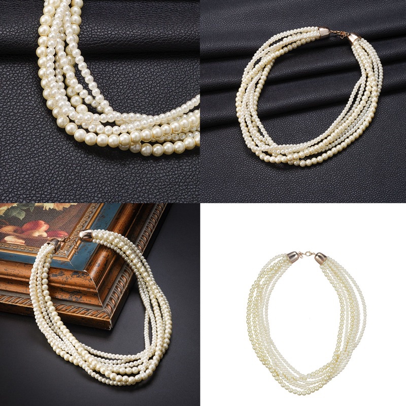 Kalung Choker Multilayer Bahan Metal Aksen Mutiara Gaya Vintage Untuk Wanita