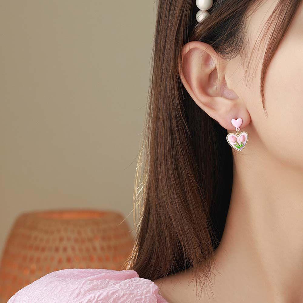 Anting Menjuntai Tulip Agustina Geometris Simple Love Heart Untuk Anak Perempuan Giwang Telinga Alloy Manis