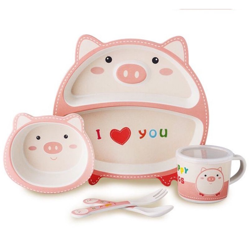 peralatan makan anak bamboo fiber /5in1 set piring animal