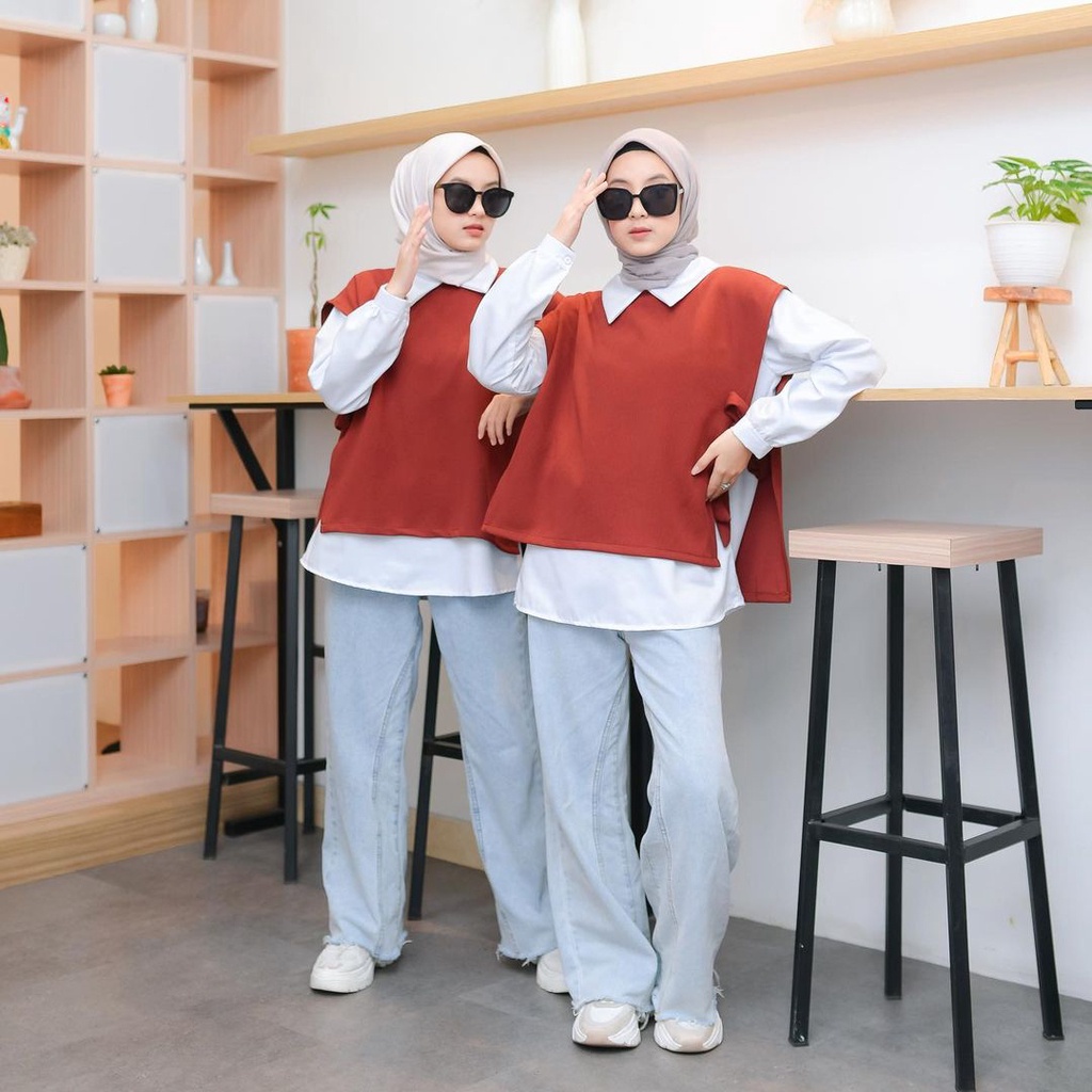 OUTFIT - ZASHI TOP ATASAN BLOUSE 2IN1/ FREE ROMPI WANITA KOREAN STYLE/ REMAJA MUSLIM