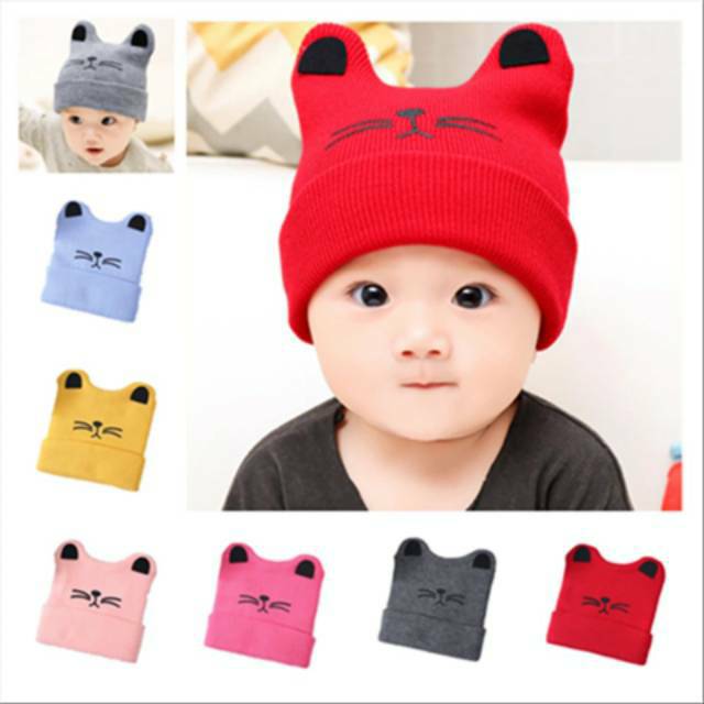 Topi Kupluk Rajut Bayi Telinga Kucing Topi Kupluk Bayi Unisex Cat Kumis Kucing Lucu