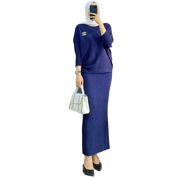 baju setelan rok wanita import knit/set rok muslimah import terbaru - navy