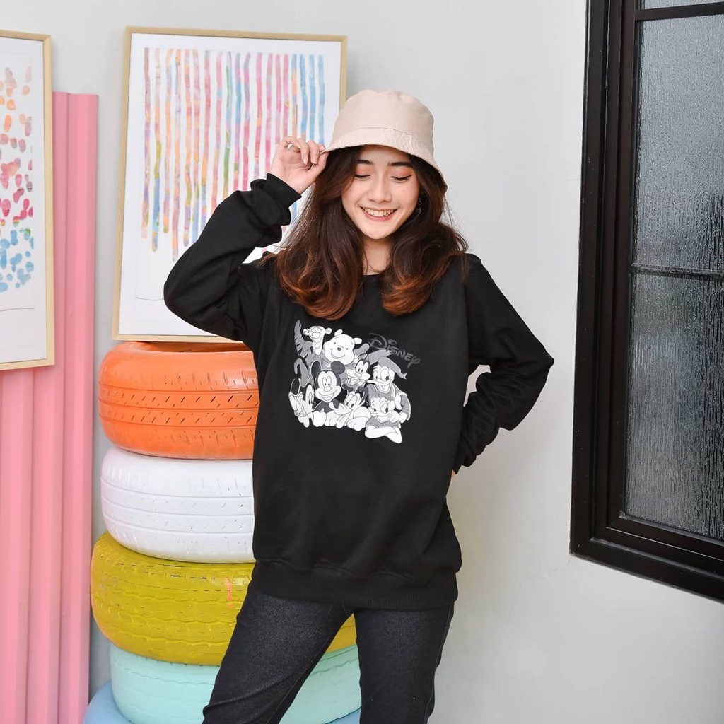 Disneyland Sweater-Atasan Crewneck Wanita Motif Disneyland Terbaru