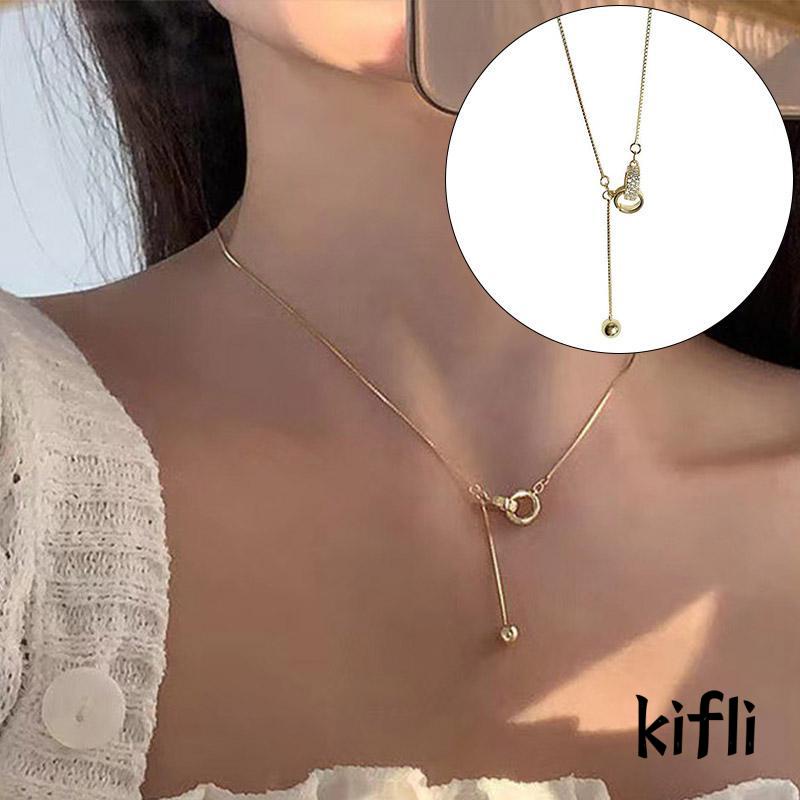 Kalung Rantai Dengan Liontin Cincin Ganda Aksen Berlian Imitasi Untuk Wanita (KD)