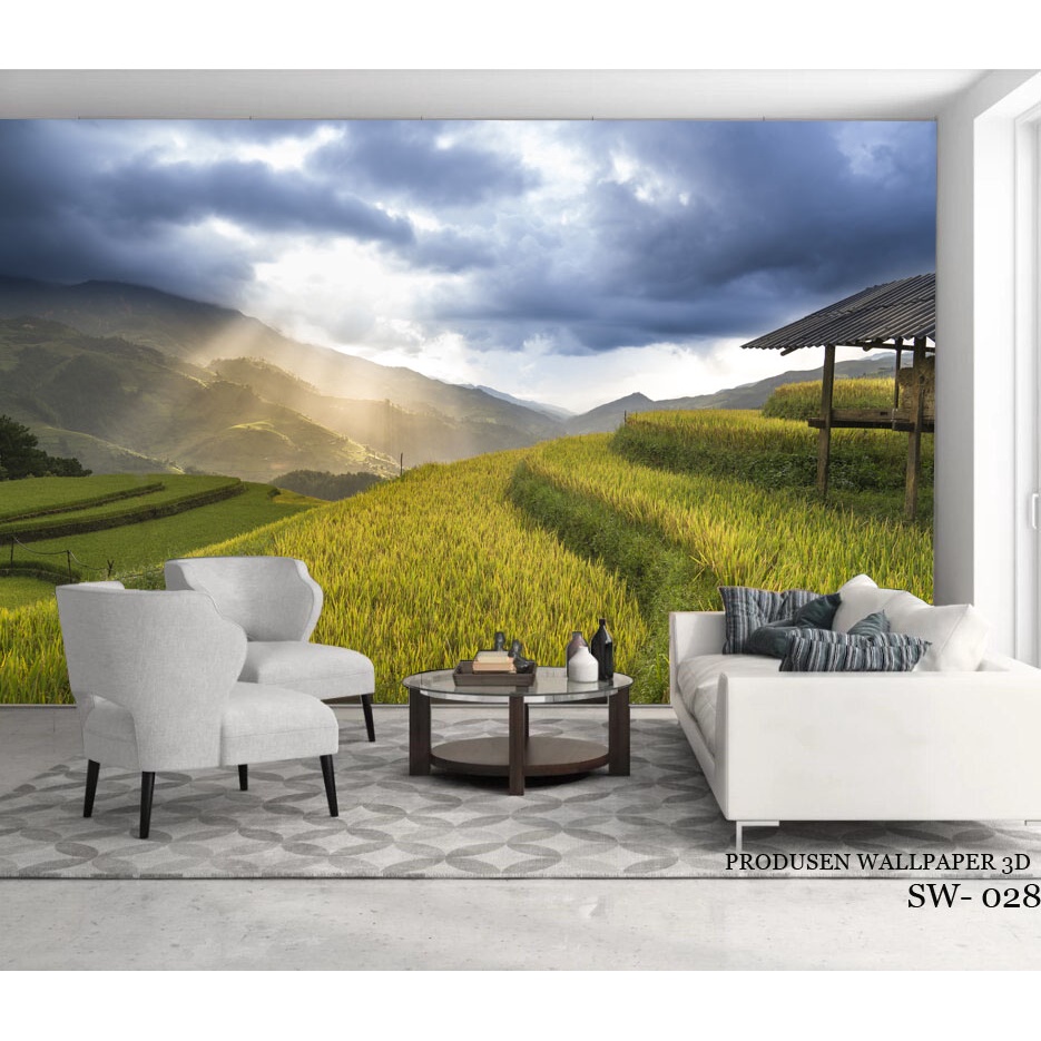 PERCETAKAN Wallpaper Dinding Ruang Tamu 3d Pemandangan Sawah Pegunungan